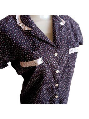Small True Vintage Top Blouse 1970's Boho Eber San Francisco Floral Lace Collar